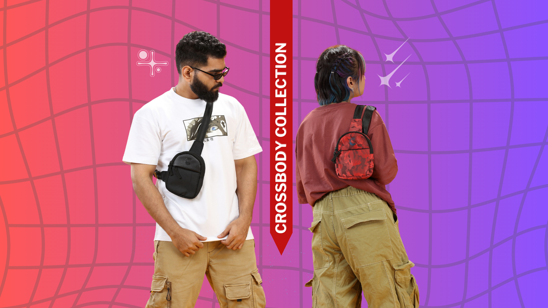 A boy and girl standing with bags hanging across their chests. The boy's bag is black and has many pockets, while the girl's bag is in red camouflage with a secure strap. They look cool and trendy, showing how stylish and useful crossbody bags can be.