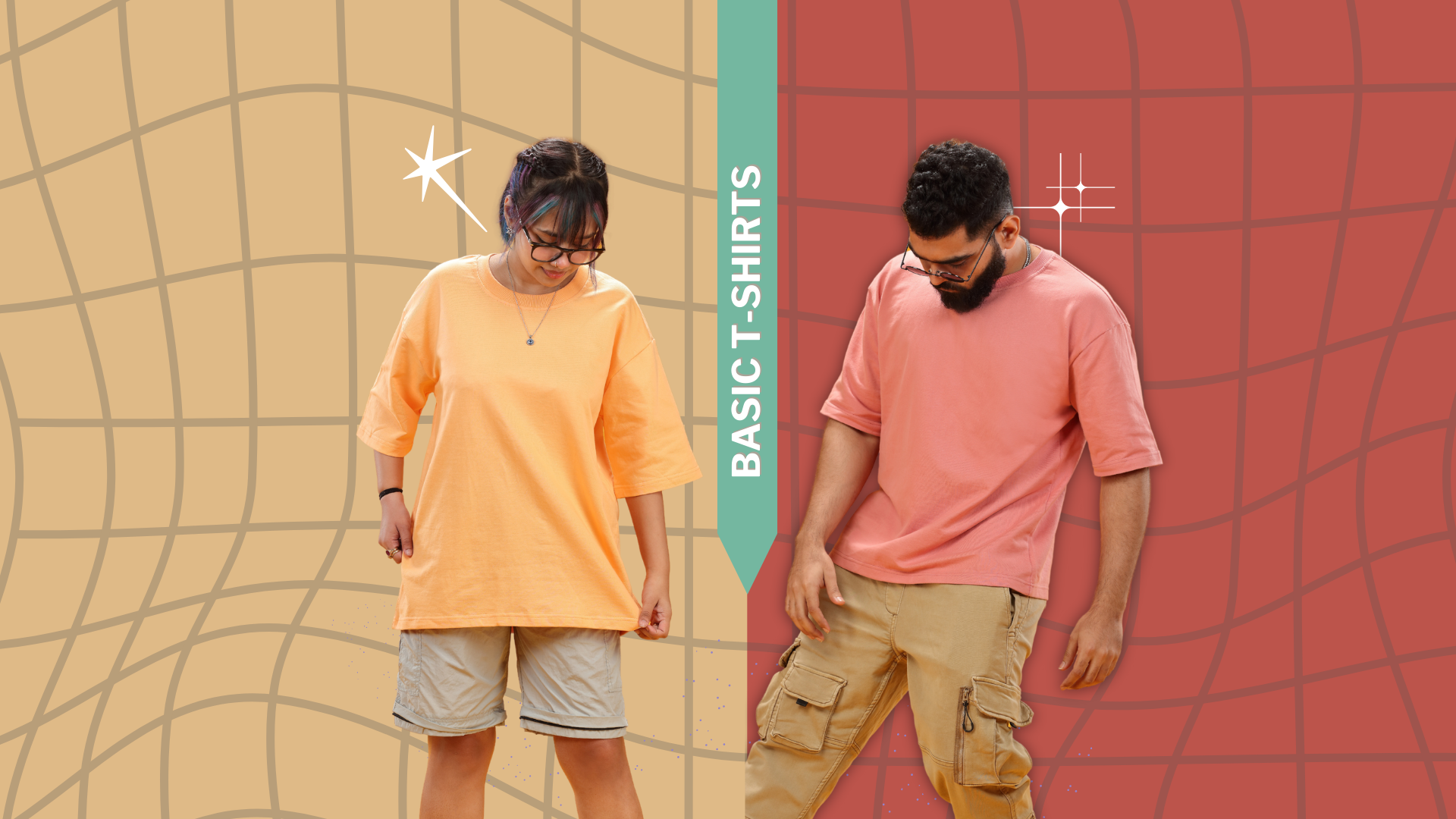 A young woman and man standing side by side, both wearing comfortable plain oversized t-shirts. They both appear relaxed and stylish, showcasing the versatility and comfort of the oversized t-shirt trend.