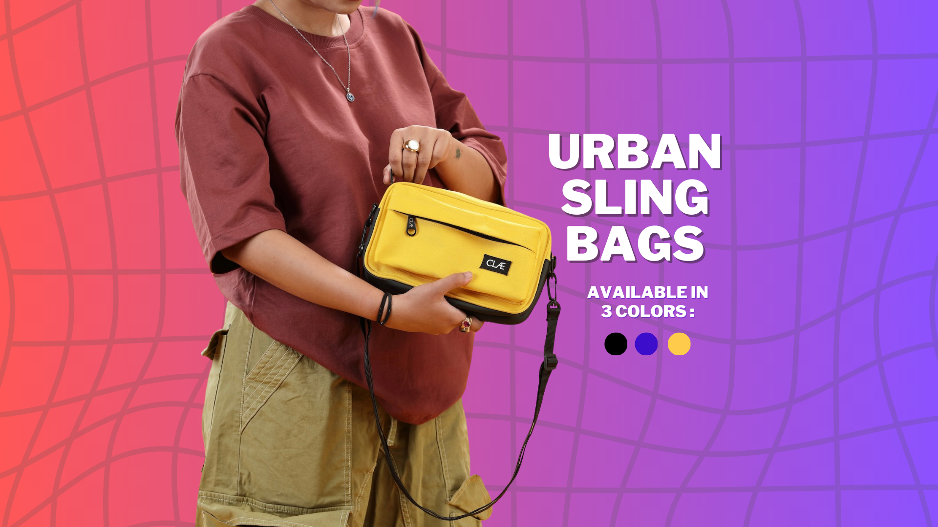 A person holding the sling bag, showcasing the storage and utility of the urban slings bag. Available in 3 different colors.