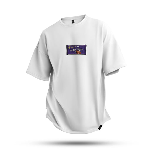 A white oversized tshirt with daily struggles writing in a dairy milk style illustration, indian streetwear, desi designs