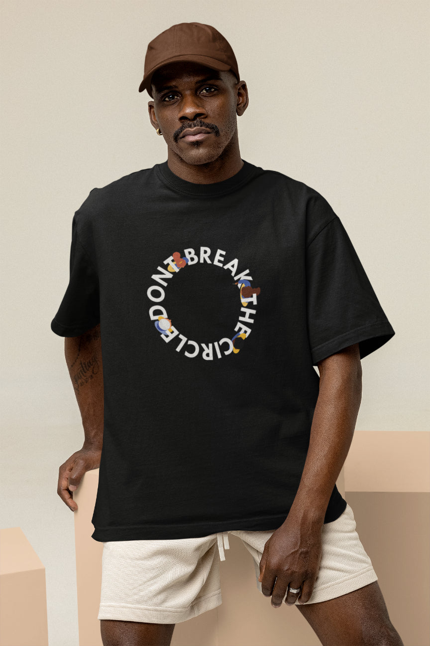 A model wearing a black oversized tshirt with the text 'dont break the circle' and a group of people passing a joint, indian streetwear, desi designs, stoner designs