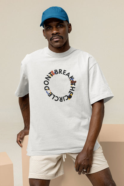 A model wearing a white oversized tshirt with the text 'dont break the circle' and a group of people passing a joint, indian streetwear, desi designs, stoner designs