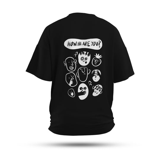 A black oversized tshirt with the text 'how hi are you' with faces making different expressions, indian streetwear, desi designs, stoner designs