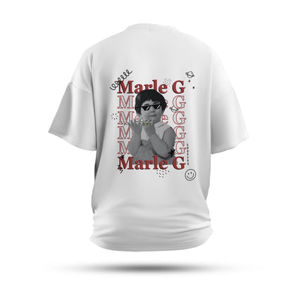 A white oversized tshirt with the text "marle g", indian streetwear, desi designs, stoner wear