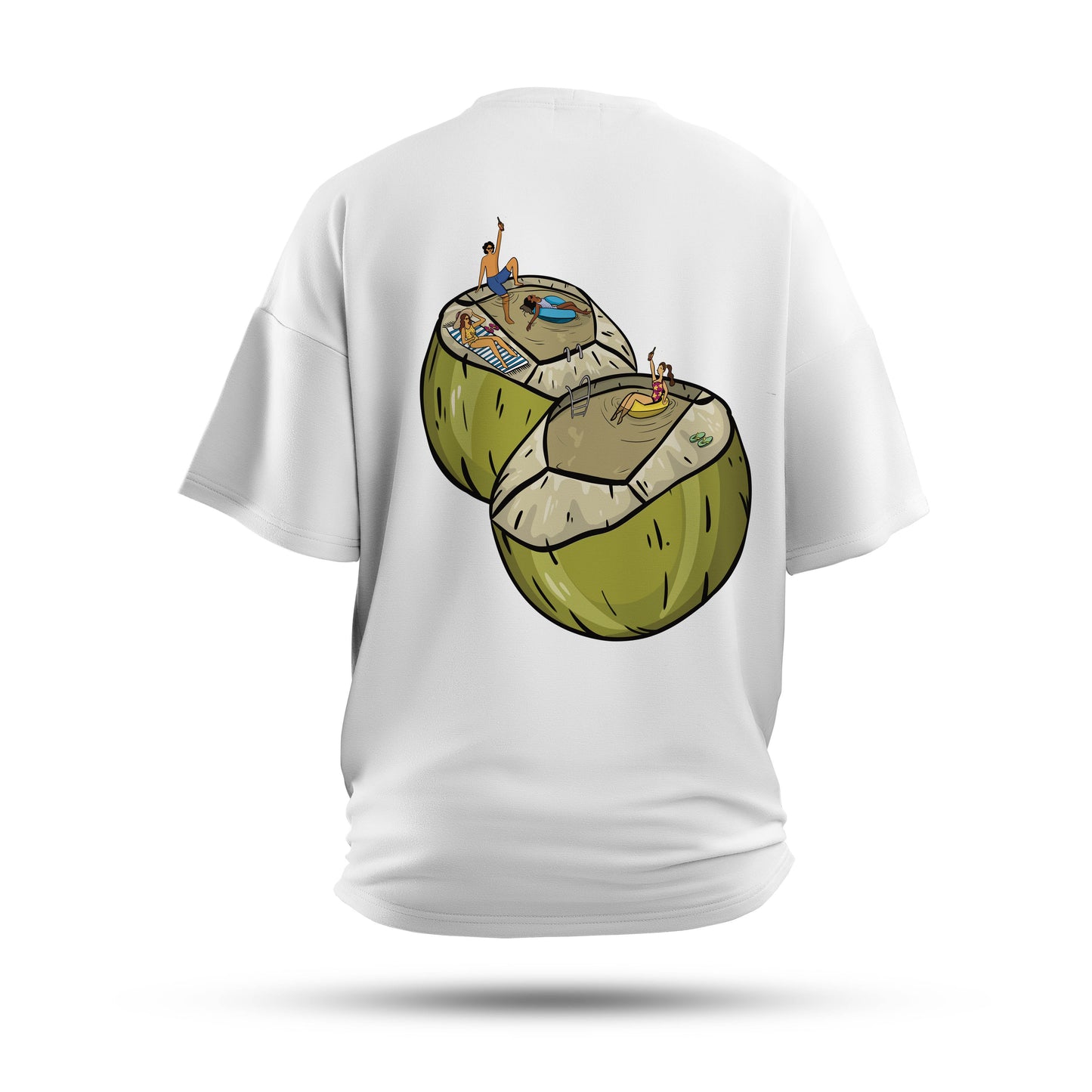 A white oversized tshirt with the illustrations of coconuts with people chilling and swimming inside the coconut water, indian streetwear, desi designs,