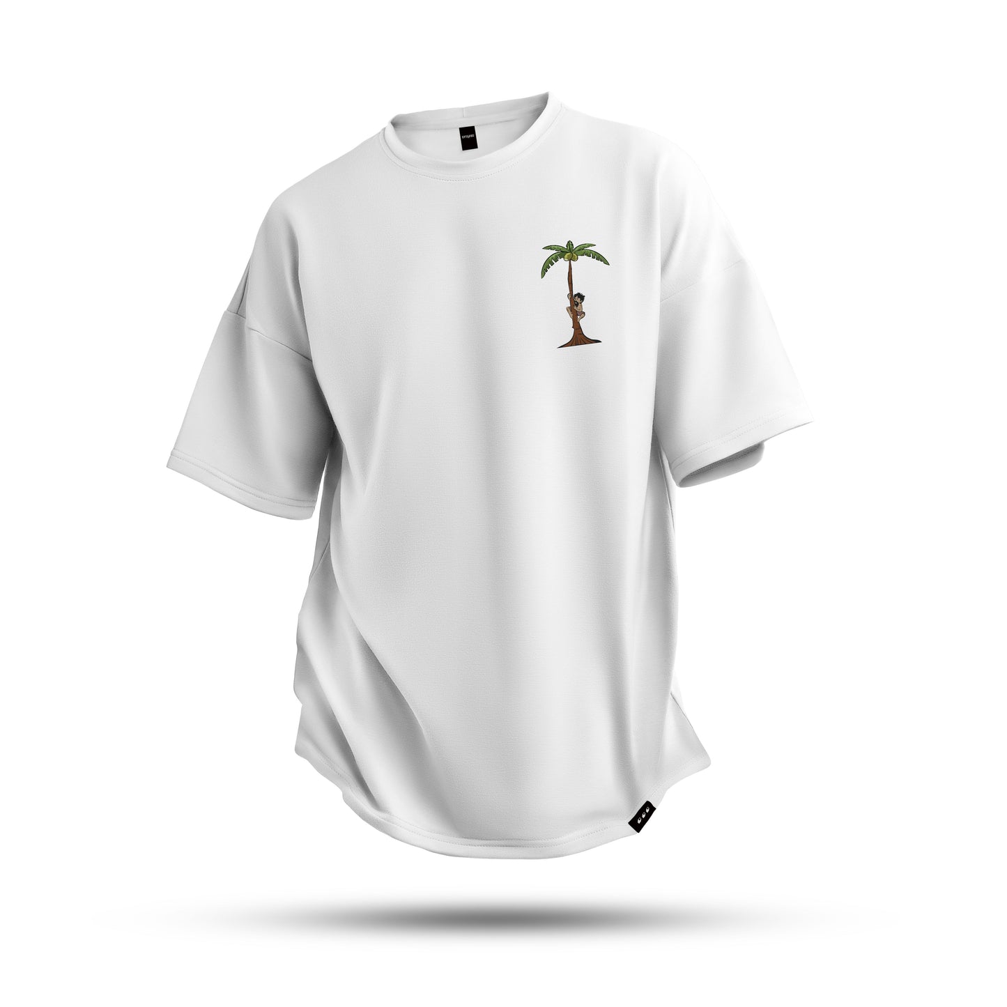 A  white oversized tshirt with the illustration of man climbing a coconut tree indian streetwear, desi designs,