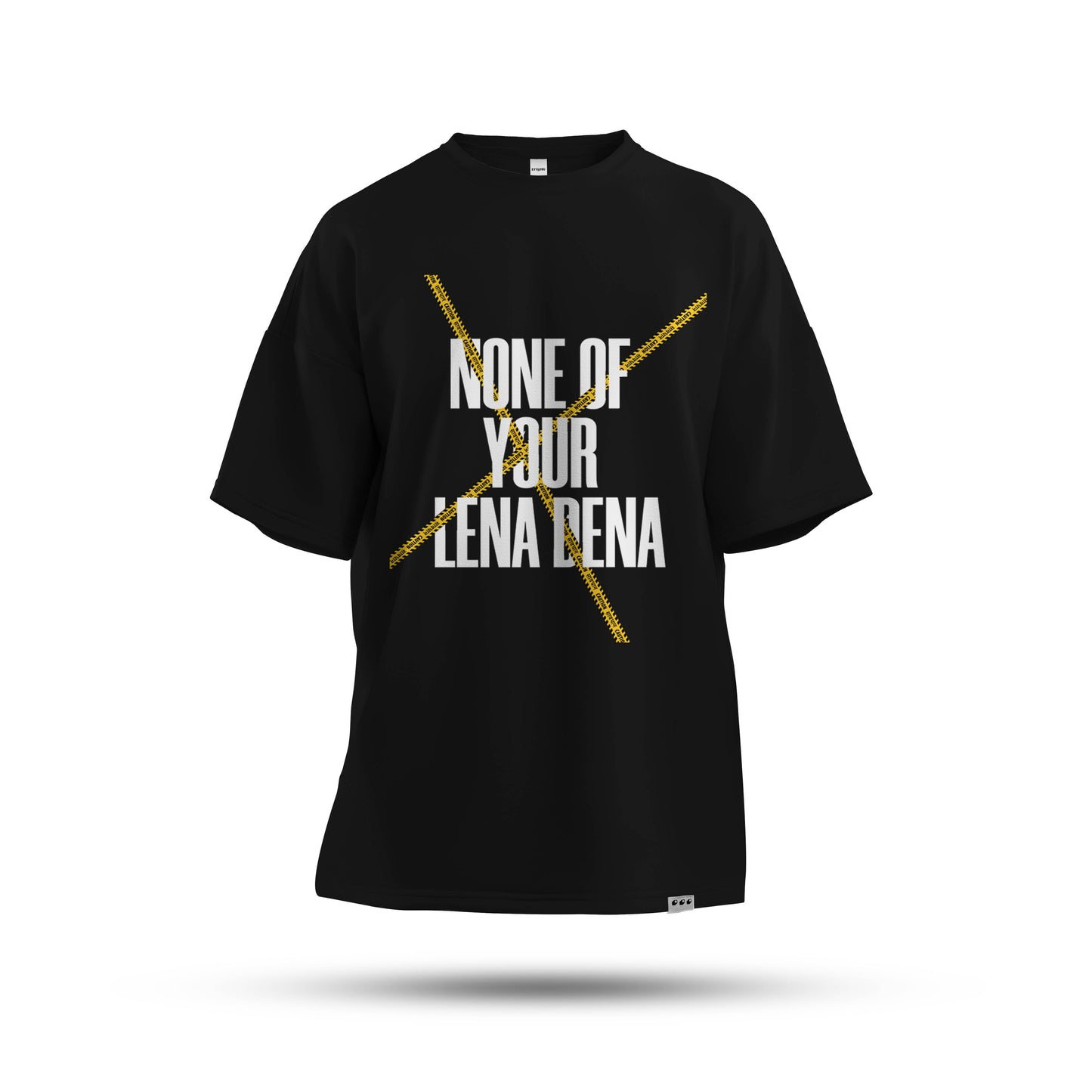 A black  oversized tshirt with text ''none of your lena dena''  indian streetwear, desi designs