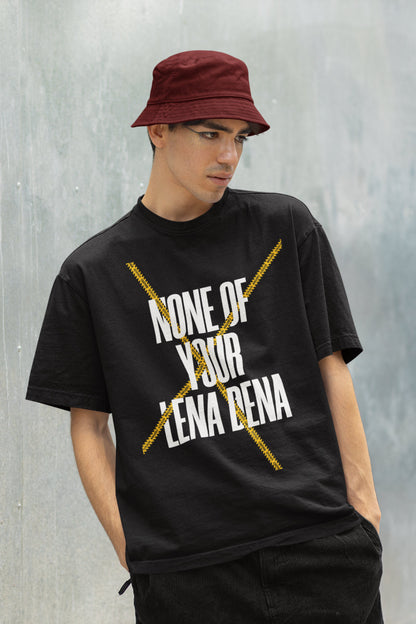 A model wearing black oversized tshirt with text ''none of your lena dena''  indian streetwear, desi designs