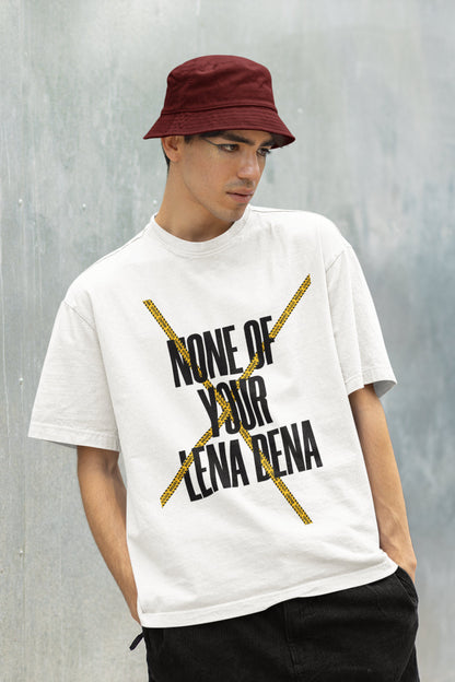 A model wearing white oversized tshirt with the illustration of man climbing a coconut tree indian streetwear, desi designs